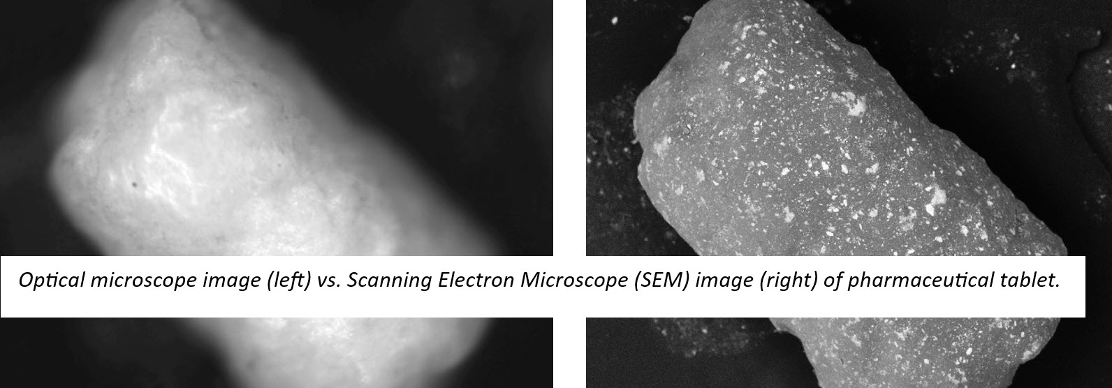 Optical microscope image (left) vs. Scanning Electron Microscope (SEM) image (right) of pharmaceutical tablet